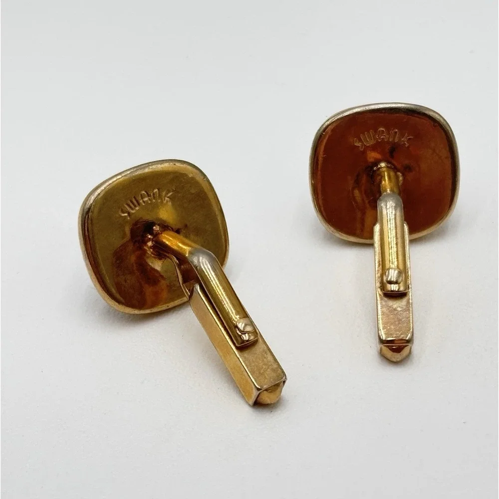Swank Vintage Cufflinks Gold Tone Burgundy Cabochon Glass Mens Mid Century Retro